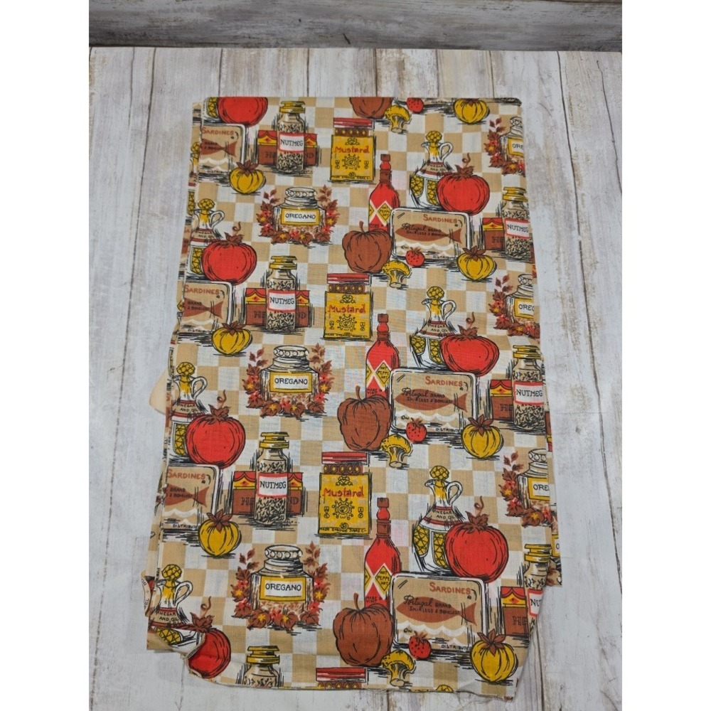 Vintage Kitchen Pantry Fabric 5 Yards Sardines Mustard Spice Print Tan Check